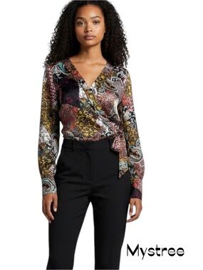 Mystree Satin Brown Pink Bold Floral Bow Tie Wrap Top NWT Size L